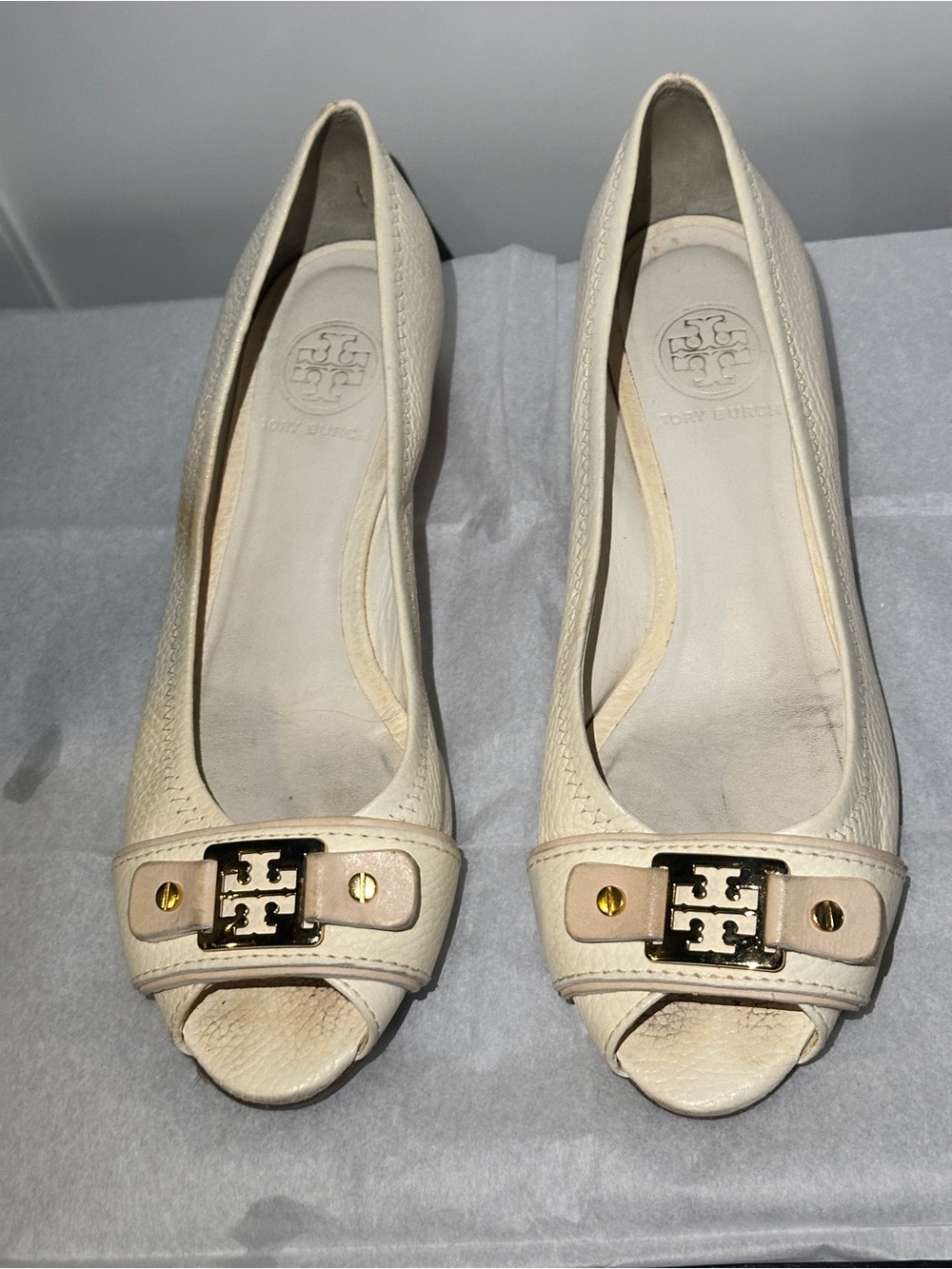 Tory Burch Cream Leather Peep-Toe Kitten Heel Wedges with Gold Logo Accent